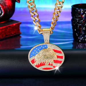 Iced out hip hop Cuban chain with American flag bald eagle oval pendant in gold