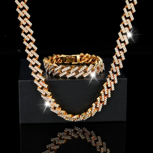 Hip Hop Iced Out Rhinestone Cuban Link Necklace And Bracelet Set For Men Women Rhombus Geometric Zinc Alloy Plated Jewelry Set