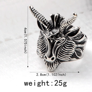 Detailed view of goat head ring with dimensions 4cm high, 2.8cm wide and 25g weight
