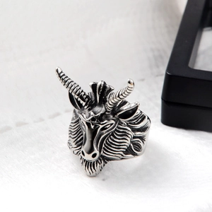 Retro Stainless Steel Baphomet Goat Head Ring Vintage Distressed Pentagram Punk Gothic Jewelry Unisex Party Fashion Band