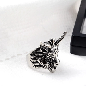 Vintage hip hop style goat head ring with pentagram in antique silver finish