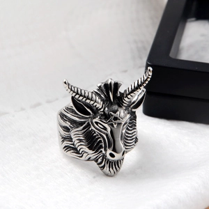 Vintage punk goat head ring with pentagram star engraving in silver black finish