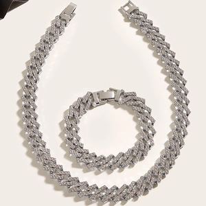Silver iced-out Miami Cuban Link necklace and bracelet set with cubic zirconia stones