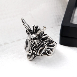 Vintage hip hop style goat head ring in distressed black finish with pentagram detail