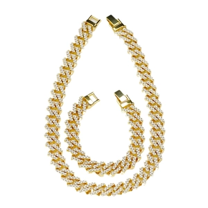 Iced out gold plated Cuban link chain necklace and bracelet set for hip-hop streetwear style