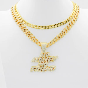 Collana doppia catena cubana hip hop dorata con pendente No Money No Friend ghiacciato
