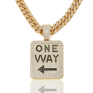 Collana hip hop placcata oro con ciondolo ONE WAY e catena cubana con strass per uomo
