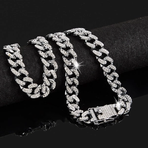 Collana a maglia cubana argento con strass micro-pavé di lusso per uomo e donna stile