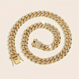 Lussuosa collana cubana hip hop dorata con strass scintillanti a incastonatura completa
