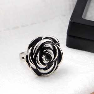 Hip-hop vintage rose flower ring in silver finish with black enamel detailing for men and women