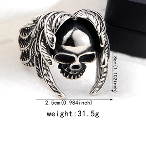 Macro detail of gothic skull ring with wing design and specific size measurements
