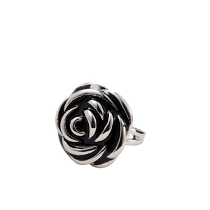 Gothic black rose ring in vintage silver finish with layered enamel petals for hiphop style