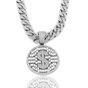 Iced out μενταγιόν δολάριο με λαμπερά στρας σε ασημί αλυσίδα κουβανέζικου στυλ