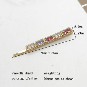 Detailed dimension guide for 65mm colorful rhinestone hair clip with metal base