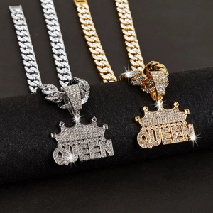 Hip-Hop Gold- und Silberhalsketten QUEEN-Krone mit glitzernden Strasssteinen auf Panzerketten