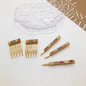 Colorful crystal rhinestone hair clip set with gold metal base for women's hair styling