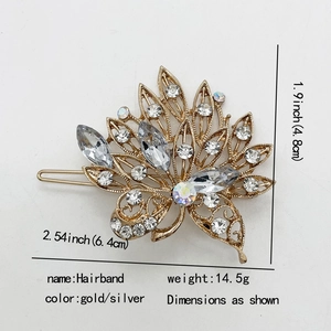 Sparkling leaf-shaped hair clip with white rhinestones and gold alloy metal base