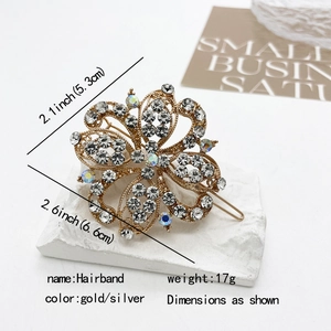Sparkling rhinestone flower hair clip with golden alloy base for stylish ponytail styling