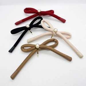 Handmade leather bow hair clips with pearls in burgundy, black, cream and brown