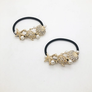 Starfish and seashell gold alloy hair ties with pearls and crystals for women