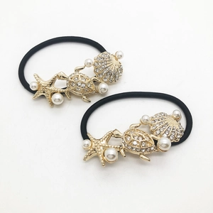 Gold Alloy Ocean Theme Hair Ties Starfish Sea Turtle Shell Decorative Rhinestone Faux Artificial Pearl Elastic Hair Ropes Women Beach Accessories