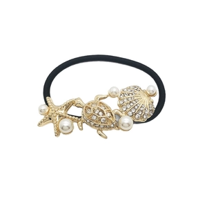 Ocean-themed gold starfish turtle shell elastic hair tie with pearls and crystals