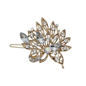 Elegant rhinestone flower hair clip for women with sparkling gold-plated alloy leaf design