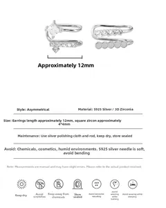 Detailed size specifications of S925 silver asymmetric ear clips with cubic zirconia