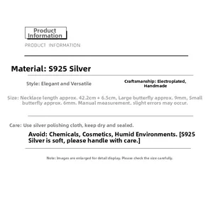 Detailed sizing chart for S925 silver butterfly necklace with measurement specifications
