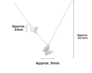 Detail showing two butterfly pendants with matte finish and chain length measurements