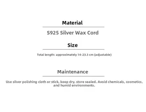 Detail specifications of adjustable S925 silver and wax rope bracelet with size and care tips