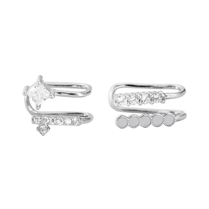 Double-layered asymmetric silver ear cuffs with zirconia for non-pierced ears
