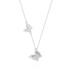 Elegant silver butterfly necklace featuring layered brushed pendants on a delicate chain