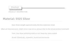 Specifications of S925 sterling silver necklace with length and jewelry care guide