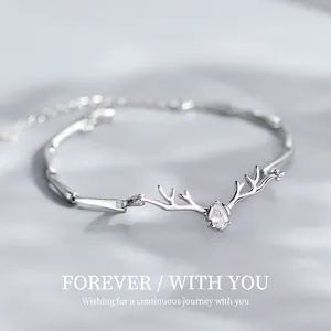Minimalist Antler Deer Horn Bracelet For Women Platinum Plated Copper Rhinestone Inlaid Forest Style Adjustable Hand Chain Jewelry