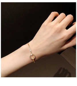 Detail van gouden slangenketting armband met pavé gezette zirkonia ringen op pols