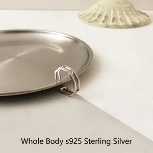 Minimalist S925 sterling silver open ring with geometric double-layer hexagonal design