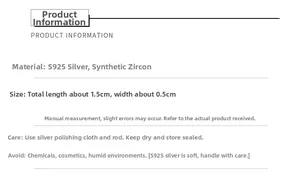 Detail specifications for S925 silver wave earrings with synthetic zircon and care guide