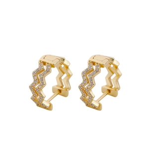 Golden wave huggie earrings with cubic zirconia micro-pave setting in wave design