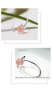 Détail de la bague chat en argent S925 avec une perle de quartz fraise rose