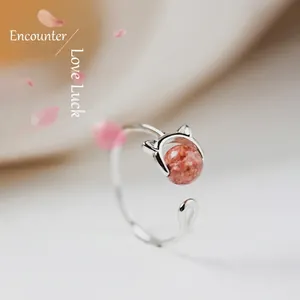 Bague Ouverte en Cuivre avec Oreilles de Chat et Quartz Fraise Réglable Bague en Forme d'Animal pour Femme Bijou Mignon
