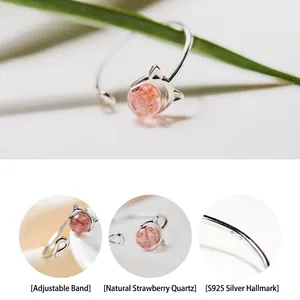 Bague chat en argent S925 avec cristal de fraise naturel et design ouvert ajustable