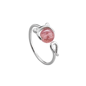 Bague chat minimaliste en argent S925 avec quartz fraise rose et anneau ouvert ajustable