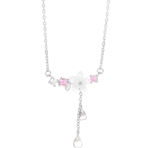 925er Silber Kirschblüten Kette mit Muschelblüten und rosa Kristallen für Damen