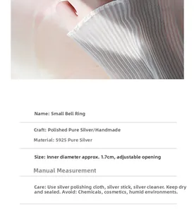 Macro detail of S925 sterling silver bell ring with size guide and care instructions