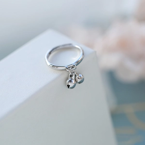 Elegant S925 sterling silver open ring featuring two small polished hanging bells