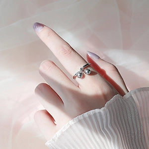 Minimalist Silver Color Copper Adjustable Open Ring For Women With Double Bell Charms Korean Style Fashion Jewelry Gift