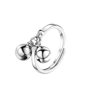 Minimalist S925 sterling silver open ring with dual bell pendants on a white background