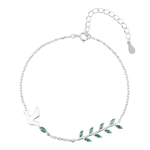Bracelet en argent S925 avec branche et hirondelle et pierres gemmes vertes