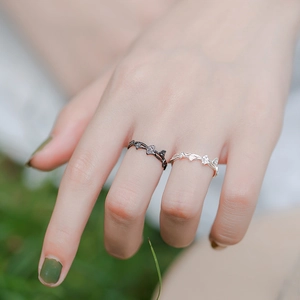 Anelli aperti in argento sterling S925 a foglia di ginkgo, finitura nera e argento lucido